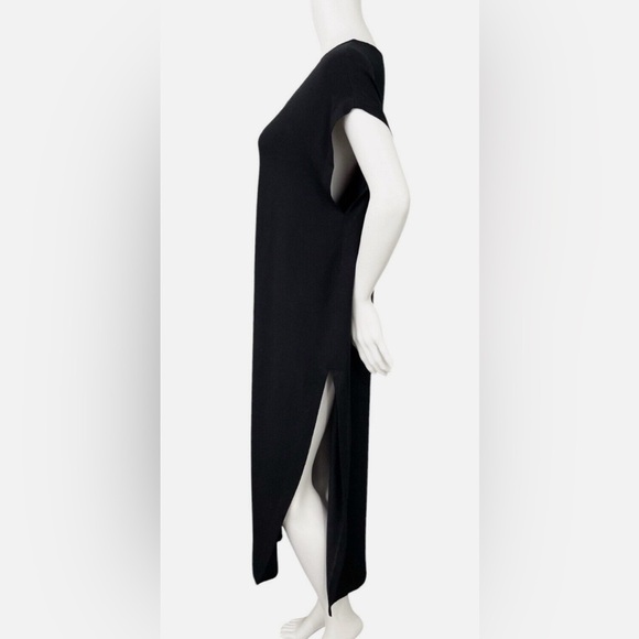 NWOT - Eileen Fisher Black Cap Sleeve Maxi Shift Dress High Slit - Size S/P - Picture 2 of 7